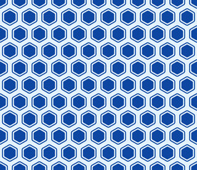 Honeycomb hexagons background. Navy Blue color on matching background. Bold rounded hexagons mosaic cells with padding and inner solid cells. Hexagonal shapes. Seamless pattern.