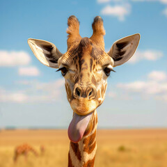 Naklejka premium A cute funny giraffe against the backdrop of a huge African savanna shows its tongue. Close-up of a majestic animal.
