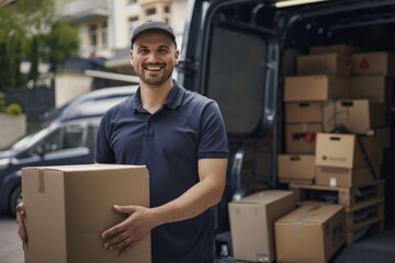 A delivery person in a uniform is cheerfully managing a package by a van packed with boxes, demonstrating efficient logistics services in action. The person appears happy and engaged in their duties