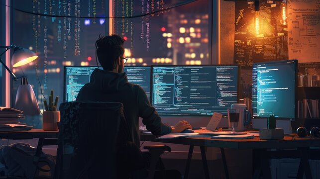 Attractive professional software developer coding program or engineering prompt. Skilled programmer typing computer and laptop while developing system with blurring background. Technology. AIG42.