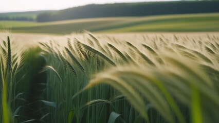 A field with ripe ears of wheat in close-up on a summer day and a space for copying. Concept - agriculture and harvest