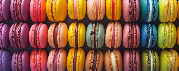Colorful assorted macarons arranged in rows. French dessert and confectionery concept