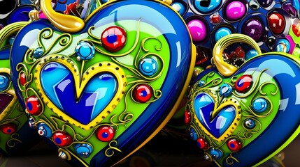 Fototapeta premium Vibrant heart-shaped decorations with intricate designs. Colorful and artistic heart decorations with glossy finish.