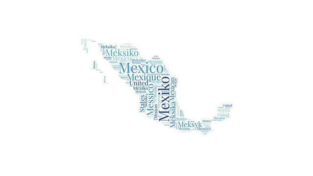 Mexico shape word cloud animation. Country boundary filled with country names animated. Mexico presentation video.