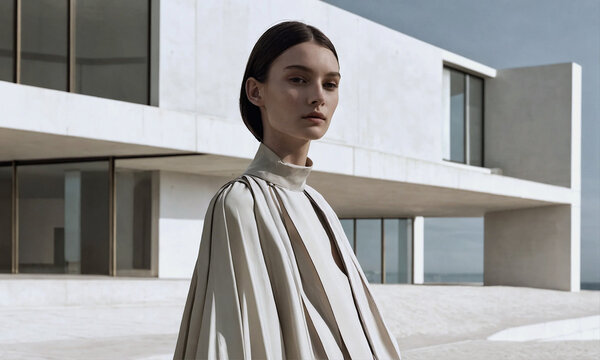 The image shows a woman wearing a tan cape-like garment standing in front of a modern building with large glass windows.

