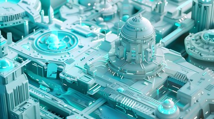 futuristic 3d isometric cityscape with neon lights