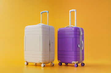 Obraz premium Set of violet and white suitcases on yellow background. Travel and vacation concept.