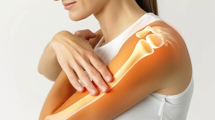 Woman holding her shoulder in pain, with visible bones highlighting the area.