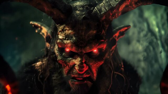 The demonic beast with horns, piercing red eyes and grotesque features of the creature stand out in the dark and creepy environment