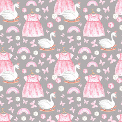 Vintage baby girl watercolor seamless pattern. Pink dress, rocking swan, cubes, butterflies, rainbow. Vintage toys. Baby shower, birthday. Boho. For printing on greeting cards, fabric, textiles
