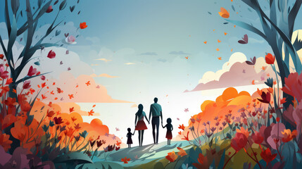 Fototapeta premium generated illustration of Father, son and daughter having fun on a walk, happy father's day
