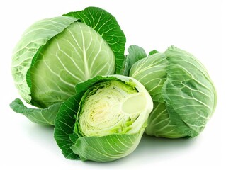 Fototapeta premium Green cabbage heads on top of each other against a white background.