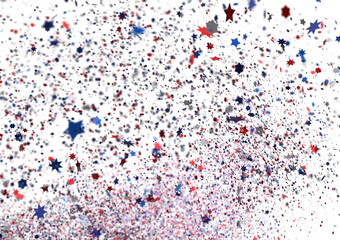 Festive background with confetti in the shape of stars in the color of the American flag.