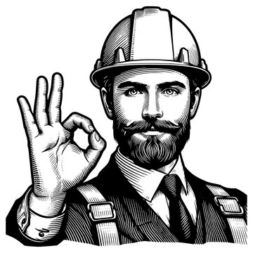 recommend clip art: engineer in a hard hat making an OK gesture, symbolizing safety in the workplace sketch engraving generative ai fictional character PNG illustration. Scratch board imitation. Black and white image.