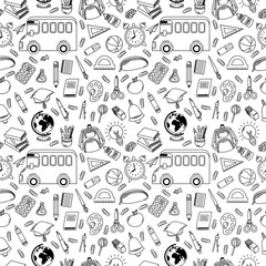 Seamless pattern back to school different supplies for kids. Cute linear design on white background in outline style. Good for Coloring pages for kids