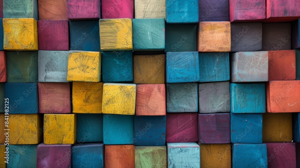 Fototapete Stacked colorful wooden blocks in a grid pattern, abstract art and design concept