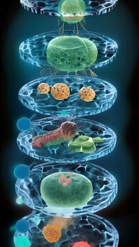 A vertical view of the cell's world, showing a variety of organelles, from powerhouse mitochondria to protein-producing ribosomes