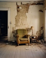 An old abandoned room featuring a worn green armchair, peeling walls and scattered debris creating a scene of decay and neglect