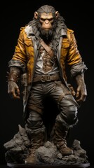 Fototapeta premium A powerful warrior ape in a detailed costume featuring a rugged leather jacket, belts and armor standing on rocky terrain against a dark background 