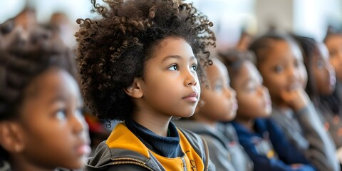 AfroAmerican children listening attentively to civil rights lecture at Black History event. Concept Black History Event, Civil Rights Lecture, AfroAmerican Children, Attentive Listening