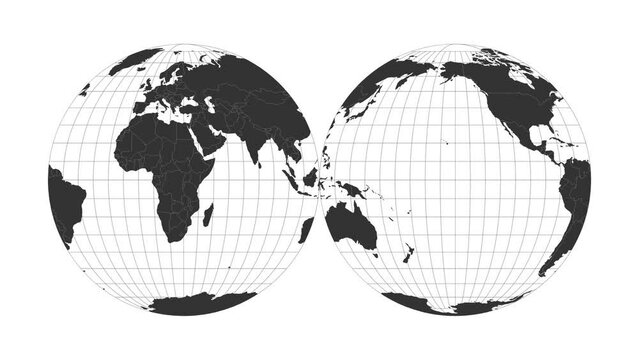 World map. Mollweide projection interrupted into two (equal-area) hemispheres. Animated projection. Loopable video.