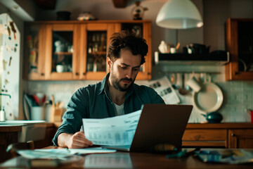 Man calculating taxes at kitchen table. Man focused on calculating taxes using documents and a laptop at a kitchen table, surrounded by a cozy home environment.