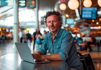 Obraz premium A handsome middle-aged man with curly hair, wearing a denim shirt, sits at a table working on his laptop in a bustling airport terminal