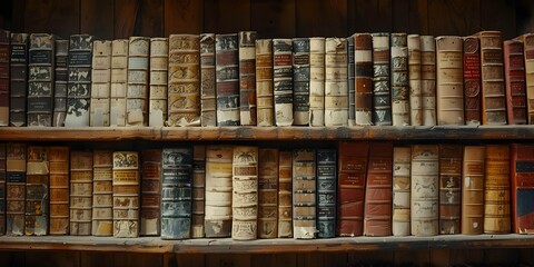 A Dusty Bookshelf in a Study Holding Faded Leatherbound Books Full of Secrets. Concept Vintage Library, Dusty Book Collection, Antique Reading Nook, Forgotten Secrets, Leatherbound Treasures