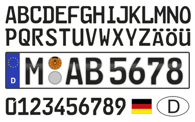 Germany car license plate sample, numbers, letters and symbols, vector illustration