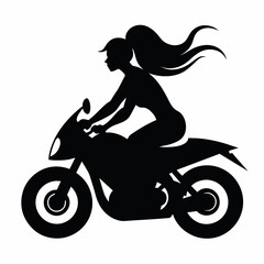Modern lady biker riding a motorcycle at full speed on the road vector silhouette