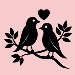 Couple Birds in Love on Branch Vector silhouette on white background