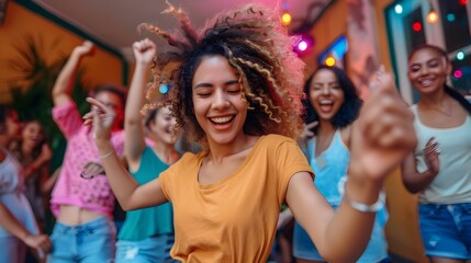 Fototapeta premium Friends Engaging in a Joyful Dance-off in a Living Room