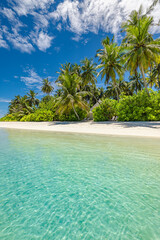 Summer beach landscape. Tropical island paradise. Exotic coast, palm trees, pristine sea, blue...