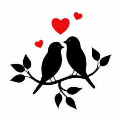 Couple Birds in Love on Branch Vector silhouette on white background
