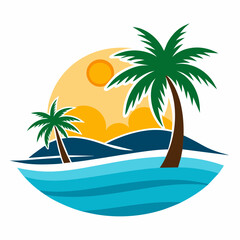 Beach With Sunset Vector Silhouette on white background 