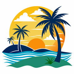 Beach With Sunset Vector Silhouette on white background 