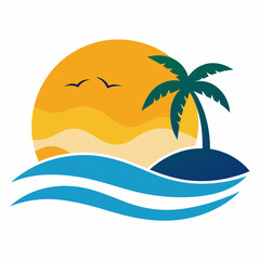 Beach With Sunset Vector Silhouette on white background 