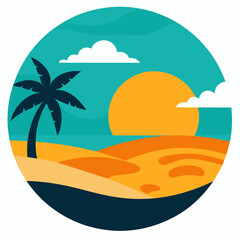 Beach With Sunset Vector Silhouette on white background 