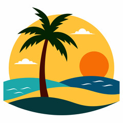Beach With Sunset Vector Silhouette on white background 