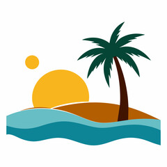 Beach With Sunset Vector Silhouette on white background 