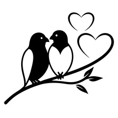Couple Birds in Love Silhouette on Branch Vector Silhouette on white background 