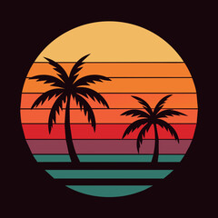 T-shirt design featuring a vintage-style sunset with palm trees vector illustration