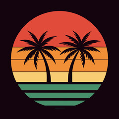 T-shirt design featuring a vintage-style sunset with palm trees vector illustration