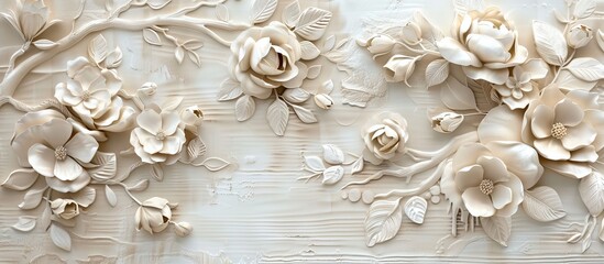 Beautiful flower 3d relief wallpaper. Mural wallpaper. Wall art. AI generated illustration.