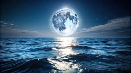 The silver glow of a full moon bathes the rippling surface of the ocean, creating a mesmerizing play of light and shadow on the water, moon, sea, ocean, moonlight, night, waves, reflection