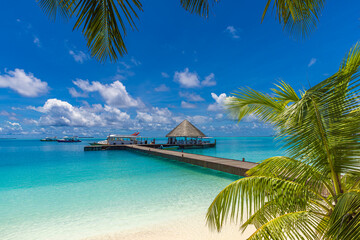 Amazing travel landscape. Luxury hotel with water villas and palm tree leaves over white sand,...