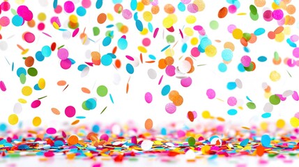 Colorful confetti falling on white background, festive birthday party decoration. Vibrant celebration atmosphere with multicolored paper pieces. Perfect for parties, celebrations, and joyful events.