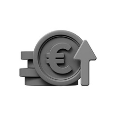 Euro appreciation icon. 3d icon of black euro sign with up arrow.