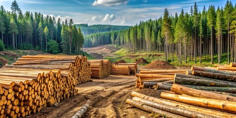 A logging site operating in a forest, showcasing the impact of wood extraction on the environment , deforestation, wood extraction, forest degradation, logging industry