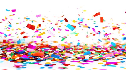 Fototapeta premium Colorful confetti falling on white background, festive birthday party decoration. Vibrant celebration atmosphere with multicolored paper pieces. Perfect for parties, celebrations, and joyful events.